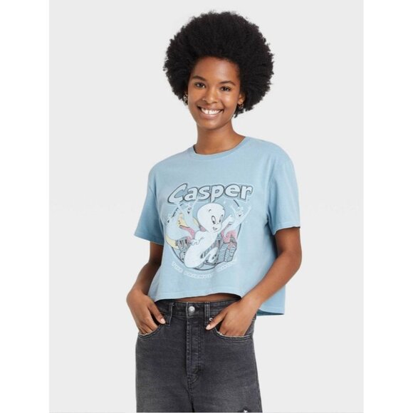 Casper Graphic Shirt Top Juniors' XS Blue Short-Sleeve‎ Crop Friendly Ghost NEW - Picture 10 of 10